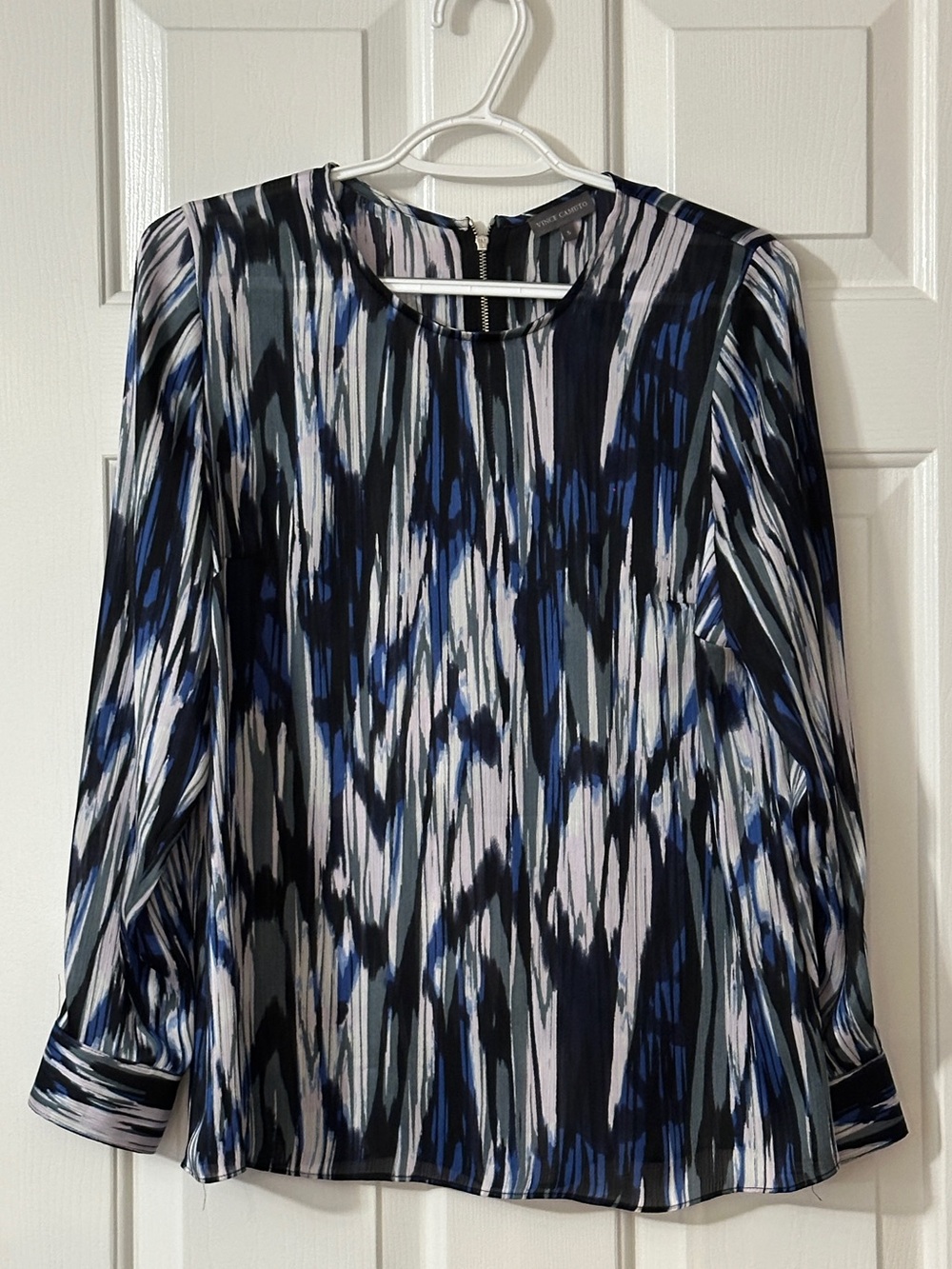 Vince Camuto Blue, Black, White Abstract Brushstroke Blouse